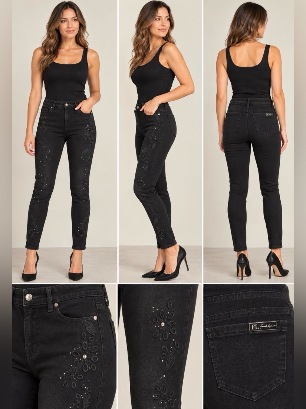 Frank Lyman Black Embroidered embellished Skinny Jeans XS